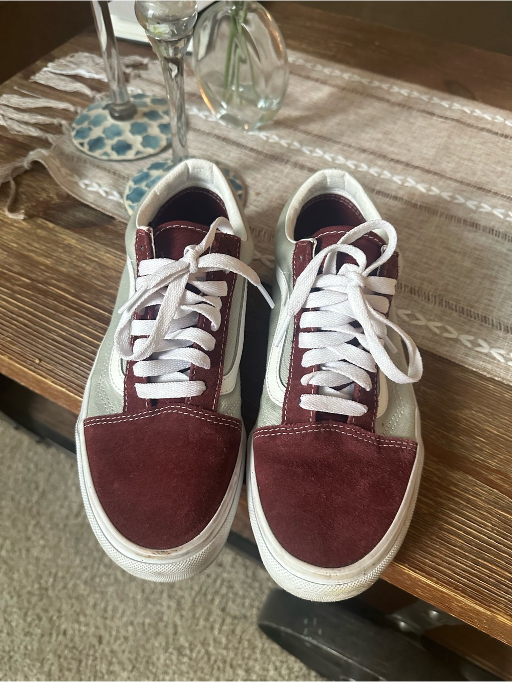 Vans Women's Burgundy and White Low-Top Sneakers